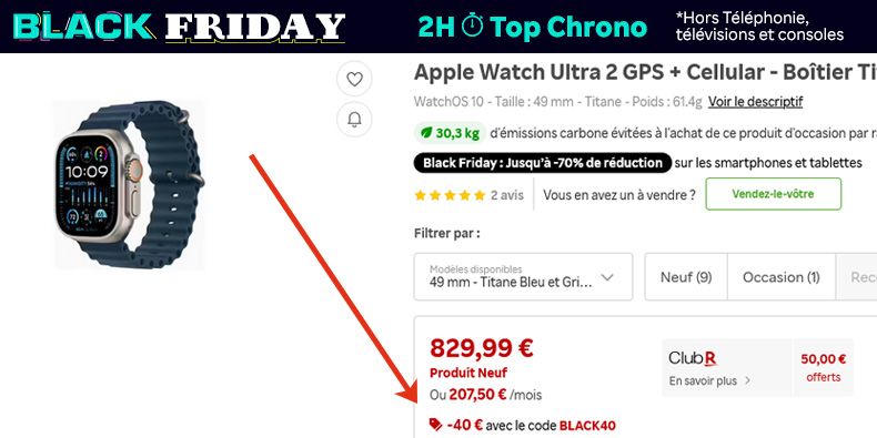 Apple Watch Ultra 2 GPS + Cellular à 829.99€ au lieu de 899.00€ chez Rakuten