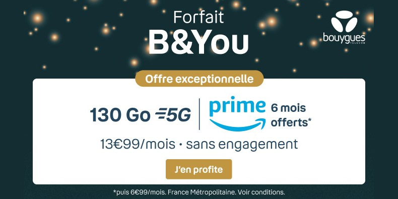 B&You : Forfait 130Go 5G + prime offert 6 mois = 13.99€/mois